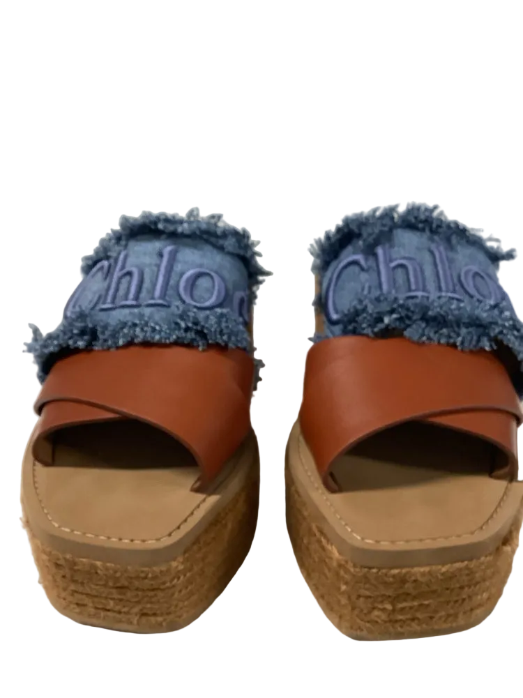 Chloe Shoe Size 9 Denim & Brown Woody Slides
