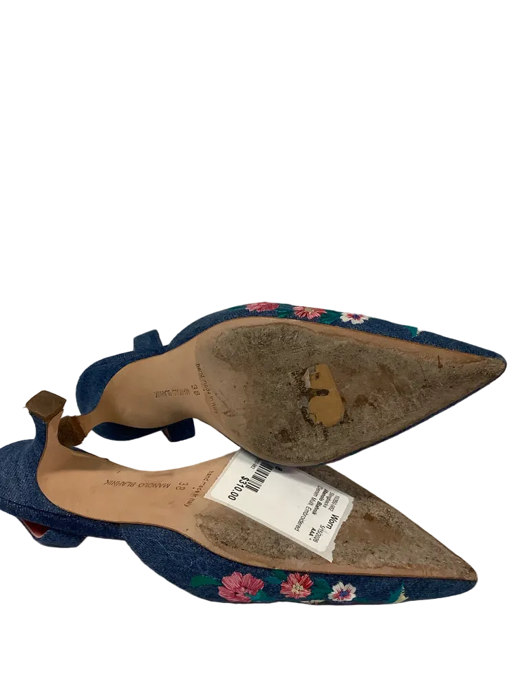 Manolo Blahnik Shoe Size 8 Denim Multi Slingbacks