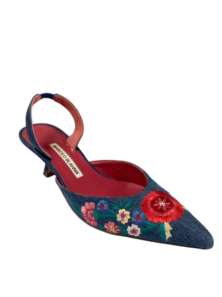Manolo Blahnik Shoe Size 8 Denim Multi Slingbacks