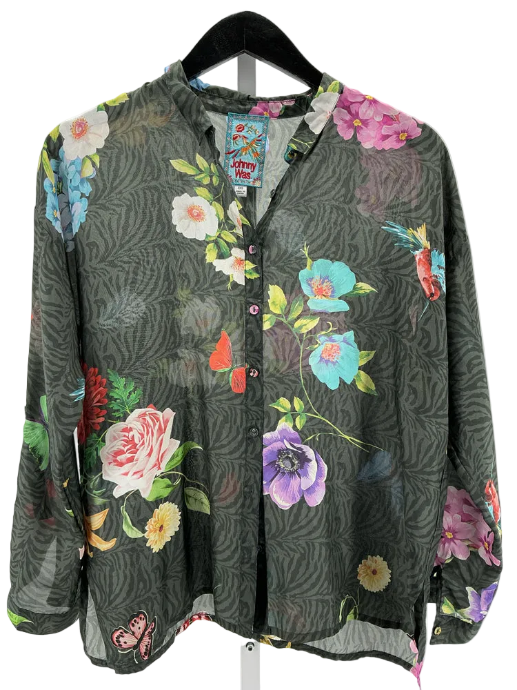Johnny Was Size XXS Olive multi Blooming Seline Shirt