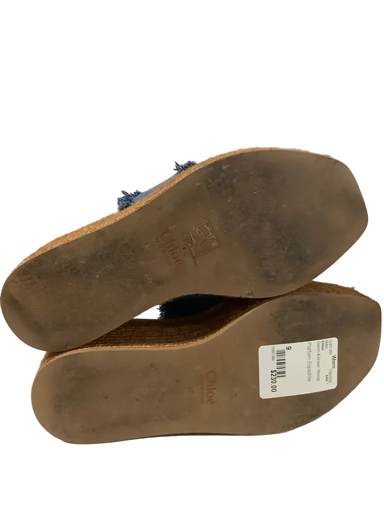 Chloe Shoe Size 9 Denim & Brown Woody Slides