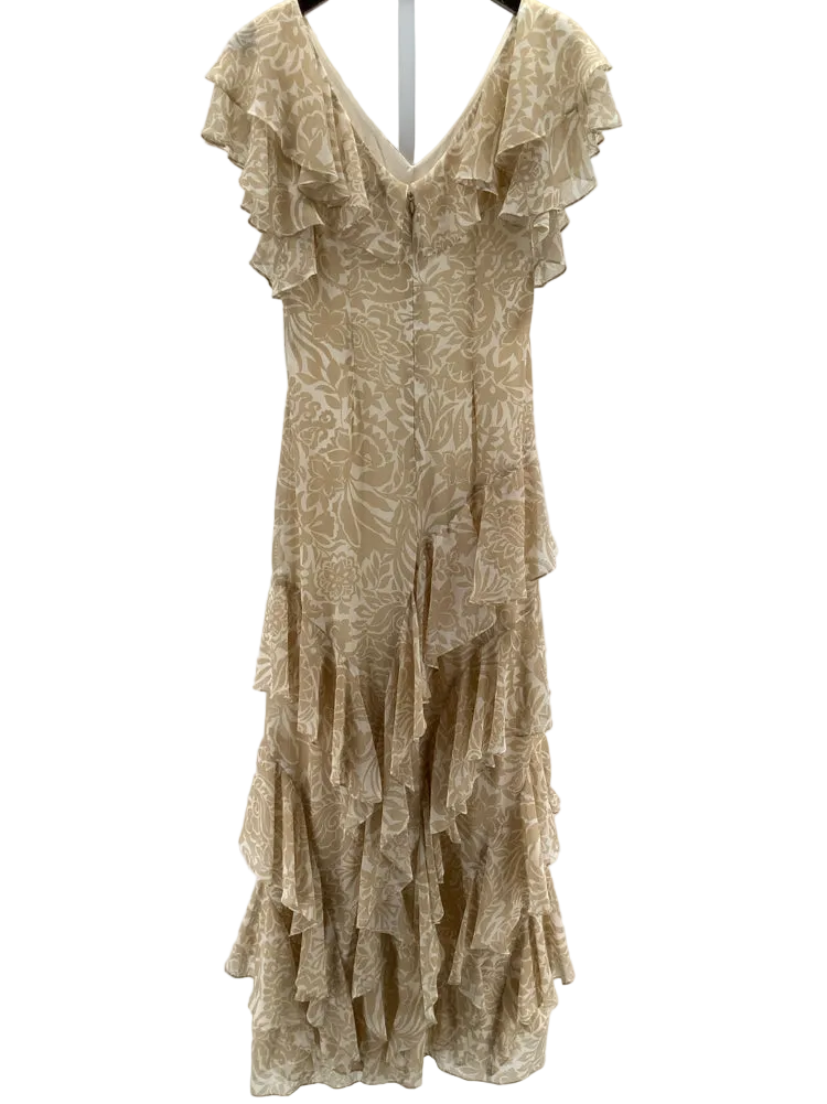 Lauren Size 6 Tan & White Georgette Dress