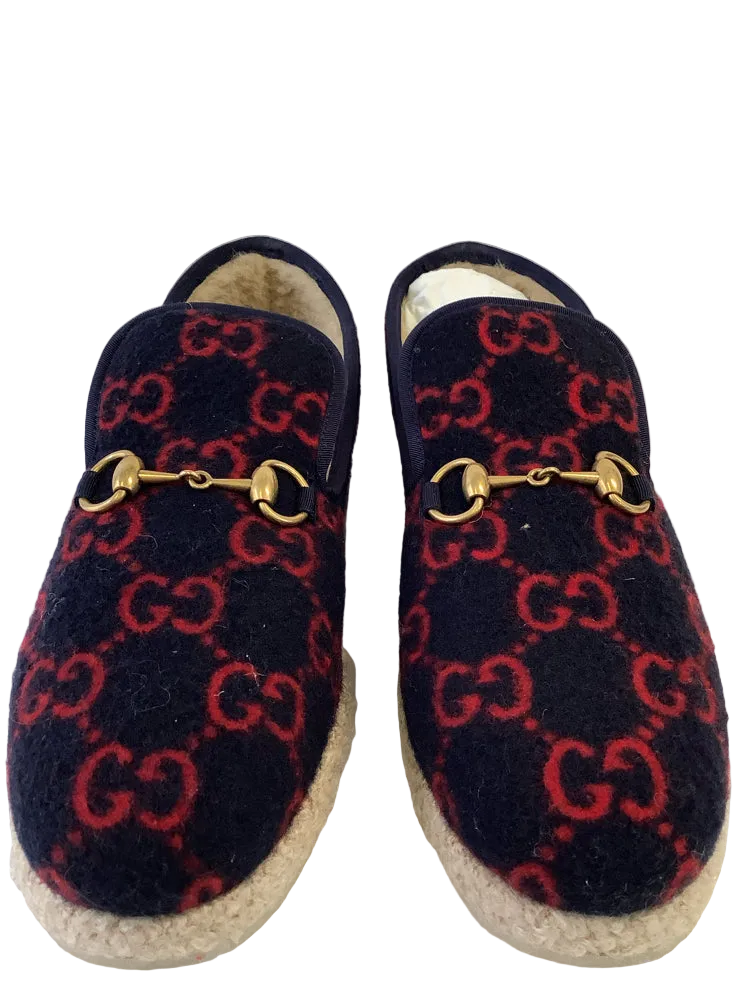 Gucci Shoe Size 11 Navy & Red FRIA GG WOOL HORSEBIT Loafers