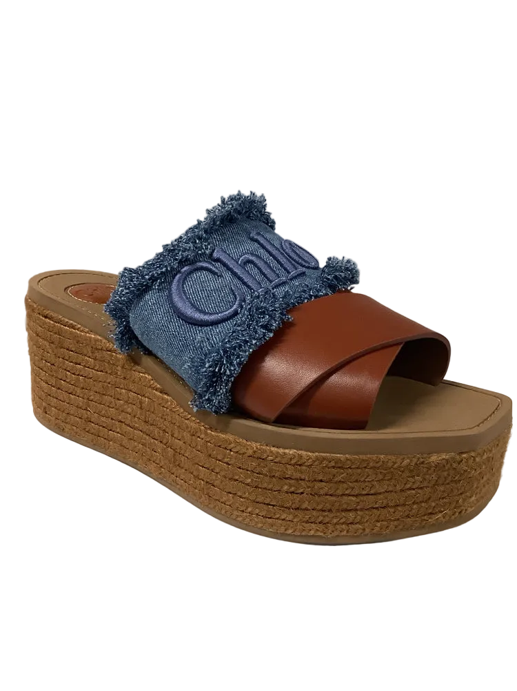 Chloe Shoe Size 9 Denim & Brown Woody Slides