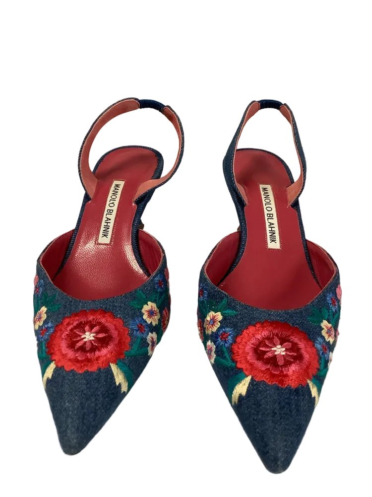 Manolo Blahnik Shoe Size 8 Denim Multi Slingbacks