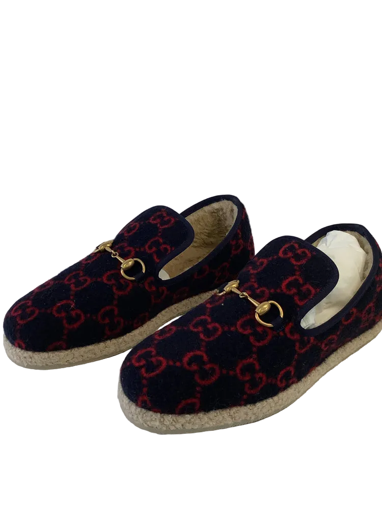 Gucci Shoe Size 11 Navy & Red FRIA GG WOOL HORSEBIT Loafers