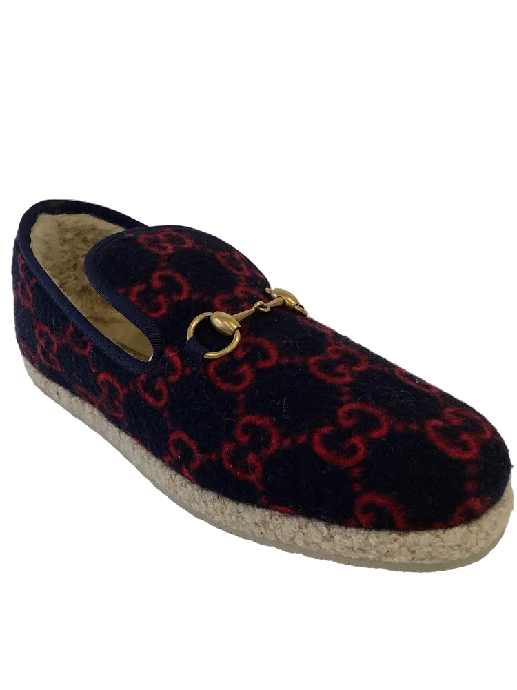 Gucci Shoe Size 11 Navy & Red FRIA GG WOOL HORSEBIT Loafers