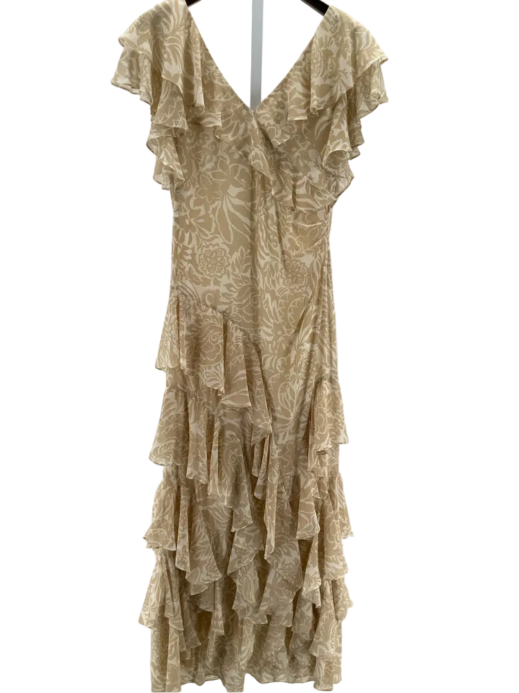 Lauren Size 6 Tan & White Georgette Dress