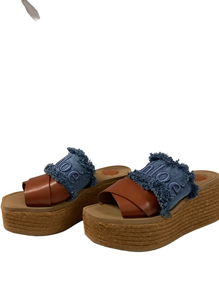 Chloe Shoe Size 9 Denim & Brown Woody Slides