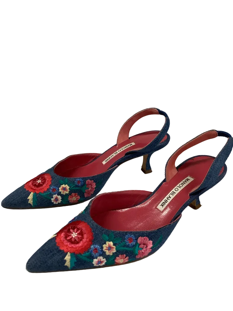 Manolo Blahnik Shoe Size 8 Denim Multi Slingbacks