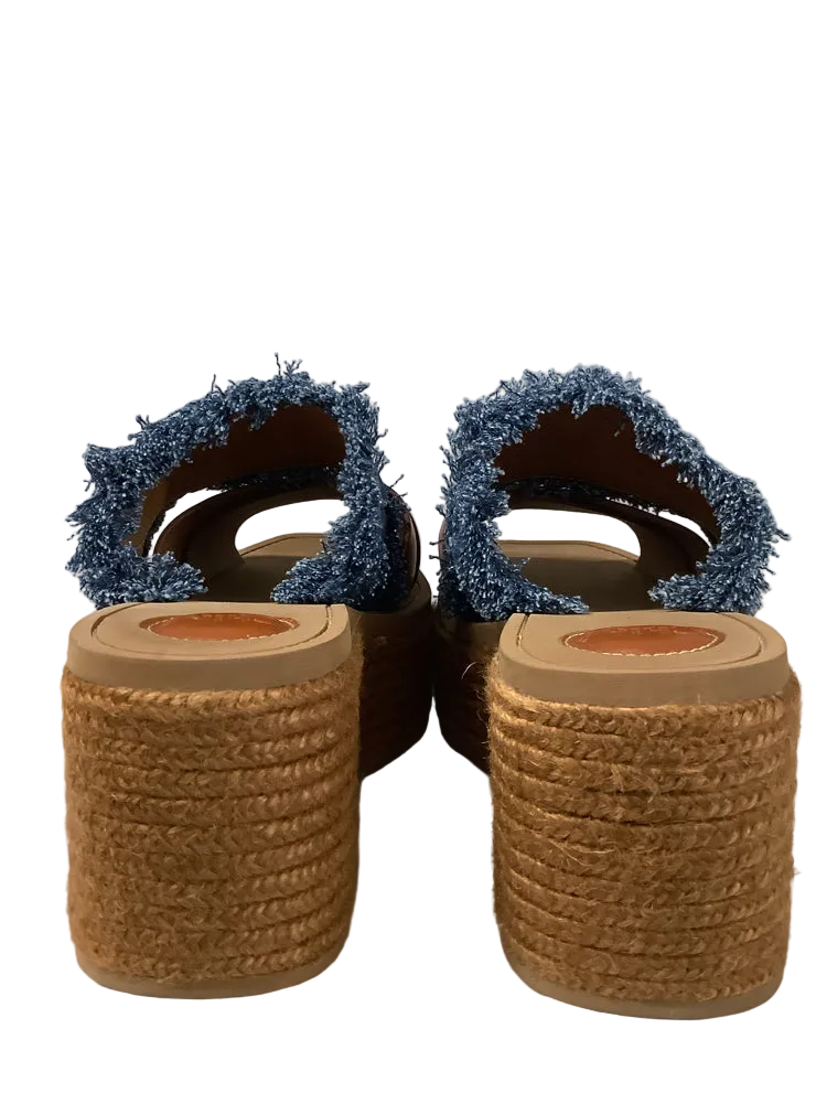 Chloe Shoe Size 9 Denim & Brown Woody Slides